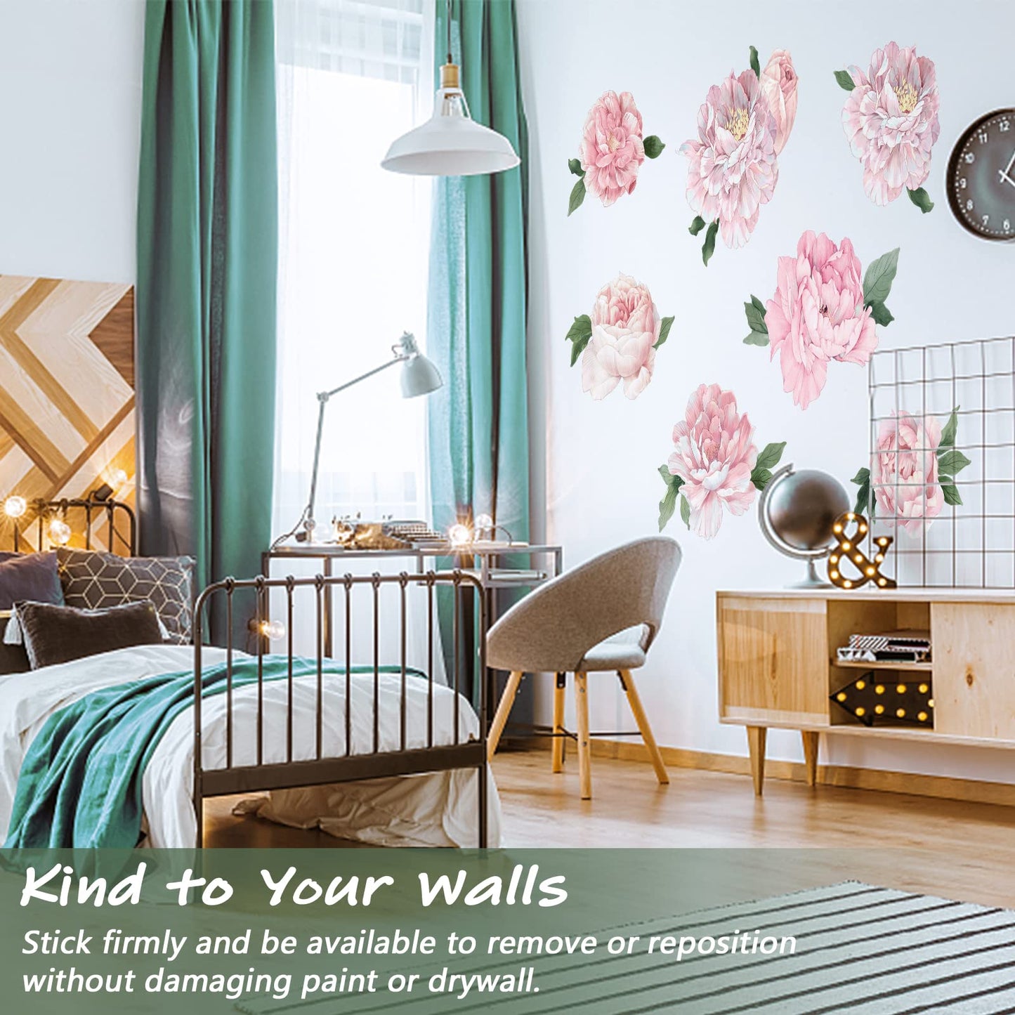 Pink Peony Wall Stickers for Nursery Wall Decor Flowers Wall Decals Peel and Stick Kids Floral Decals for Girls Bedroom Living Room Nursery Wall Decor