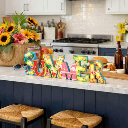 Geetery Summer LED Wooden Sign Watermelon Wooden Words Sign Tabletop Centerpiece Decor Beach Decorations for Summer Table Home Indoor Party