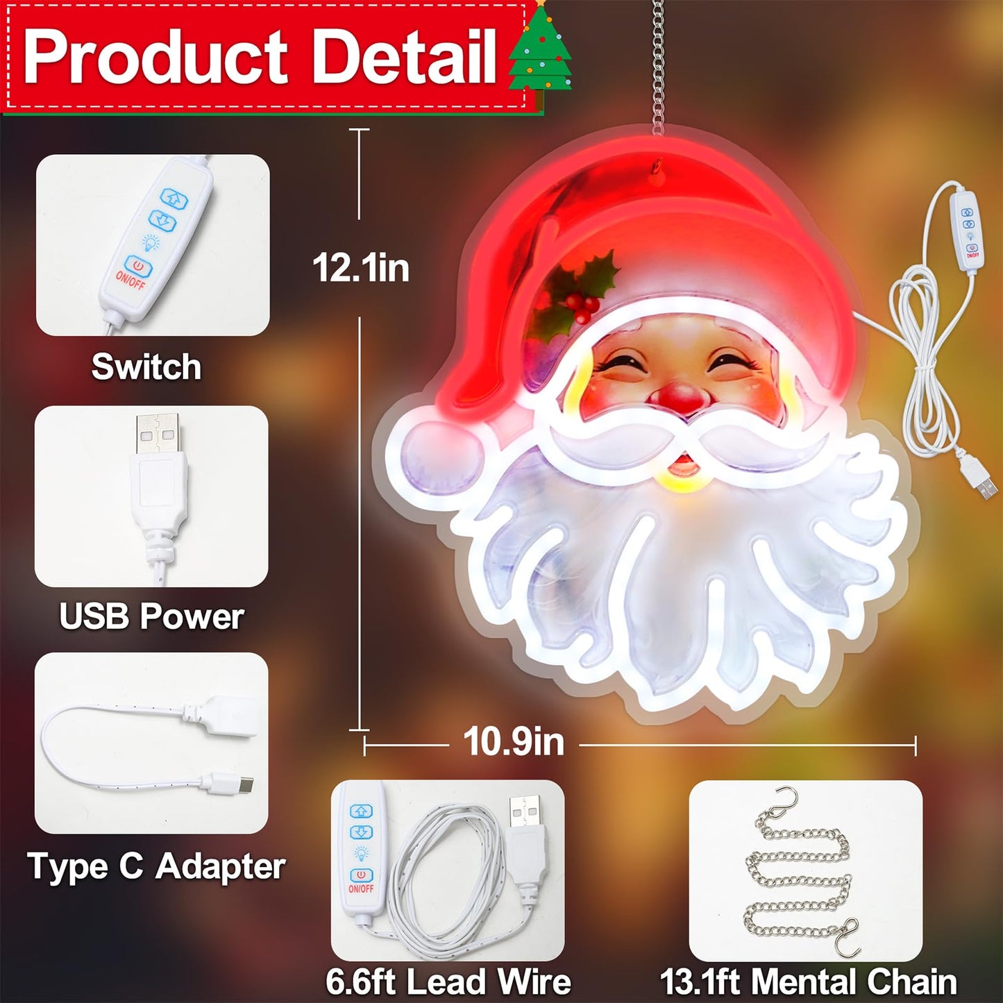 Christmas Window Decorations Lights, LED Santa Claus Acrylic Neon Signs, Cute Room Decor Powered 5V Art Decorative Night Lights Indoor for Christmas Tree, Home, Bedroom, Office,Dorm,Party