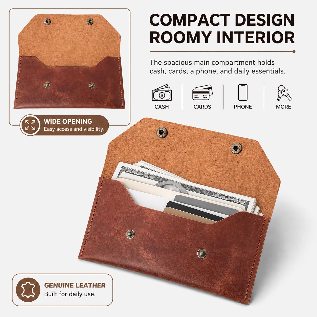 ZEMARS Genuine Leather Cash Envelope Wallet, Two Snap Money Pouch for Men and Women, Reusable Budget Envelope Wallet, Slim Organizer for Cash, Cards, Receipts, Checks and Keys (Cognac)