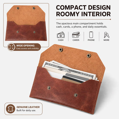 ZEMARS Genuine Leather Cash Envelope Wallet, Two Snap Money Pouch for Men and Women, Reusable Budget Envelope Wallet, Slim Organizer for Cash, Cards, Receipts, Checks and Keys (Cognac)