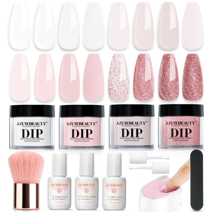 AZUREBEAUTY Dip Powder Nail Kit Starter, All Season Skin Tone Nude Brown 4 Colors Acrylic Dip Powder Liquid Set with Base/Top Coat Activator for French Nail Art Manicure DIY Salon Gifts