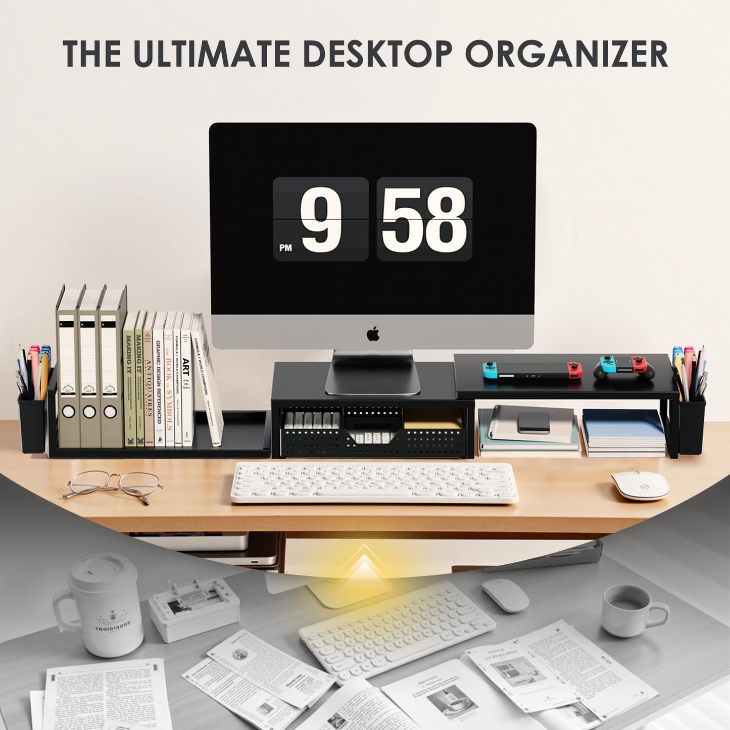 OPNICE Desk Organizers and Accessories, Dual Monitor Stand Riser with Drawer and 2 Pen Holders, Desk Shelf Metal Computer Racks for Office Workspace Organizers, Desktop Organization (Black Metal)