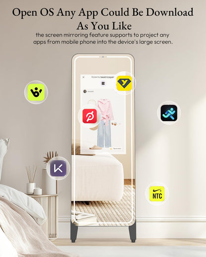 HARZHI 32 Inch Smart Gym Mirror, HD Touch Screen, Android OS, No VIP Fees, Voice Control, Music Sync LED Light Strip, Perfect for Home Gym/Yoga