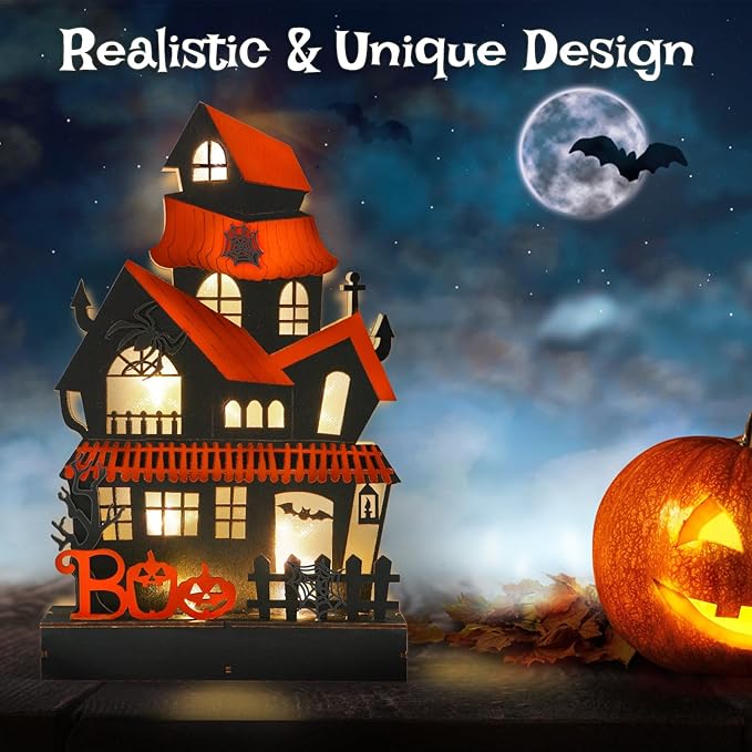 Halloween Decorations Indoor Haunted House Lights, Wooden Tabletop Decoration for Home, Battery Operated Light Up Halloween Decor for Desk Table Fireplace Room Party Decor