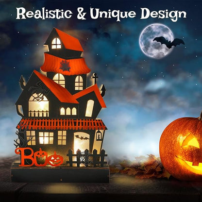 Halloween Decorations Indoor Haunted House Lights, Wooden Tabletop Decoration for Home, Battery Operated Light Up Halloween Decor for Desk Table Fireplace Room Party Decor