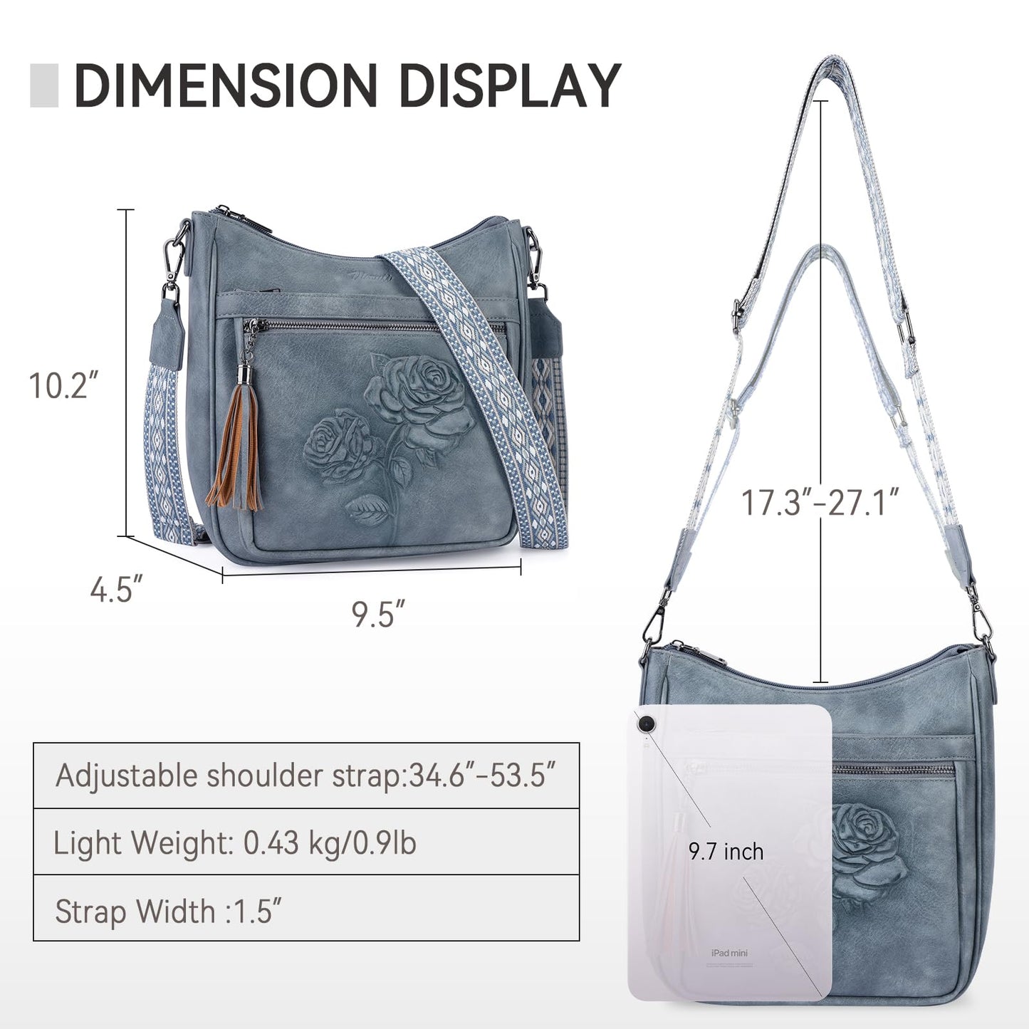 VIMUTI Crossbody Bags for Women Trendy Vegan Leather Hobo Purses for Women Embossed Flower Shoulder Handbags Bucket Bag (01-Blue)
