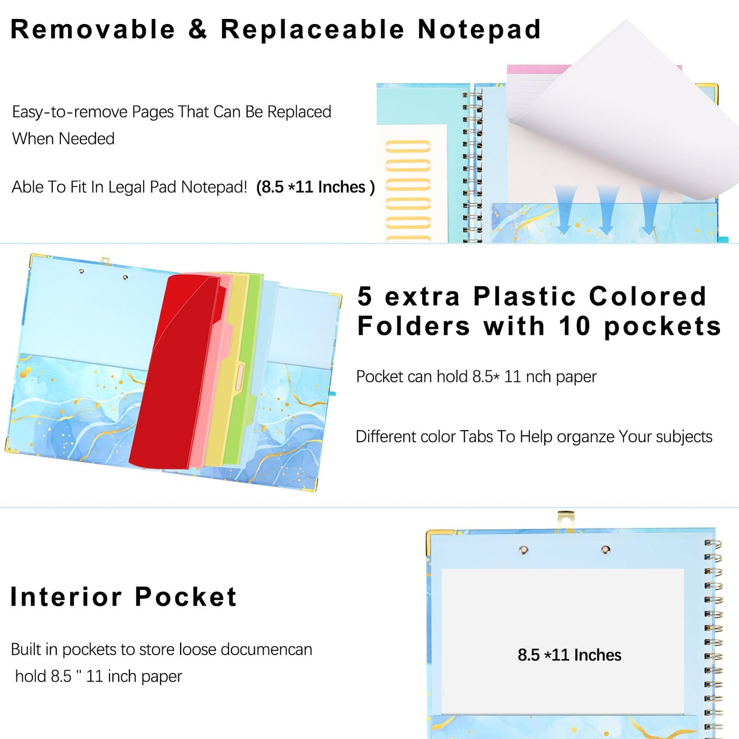 Foldable Spiral Clipboard Folio with Refillable Lined Notepad,5 Plastic Folders with 10 Pockets,Storage Clipboard Folder with Labels,Clipboards with Storage for Office Planner Clip Board-Pale Blue