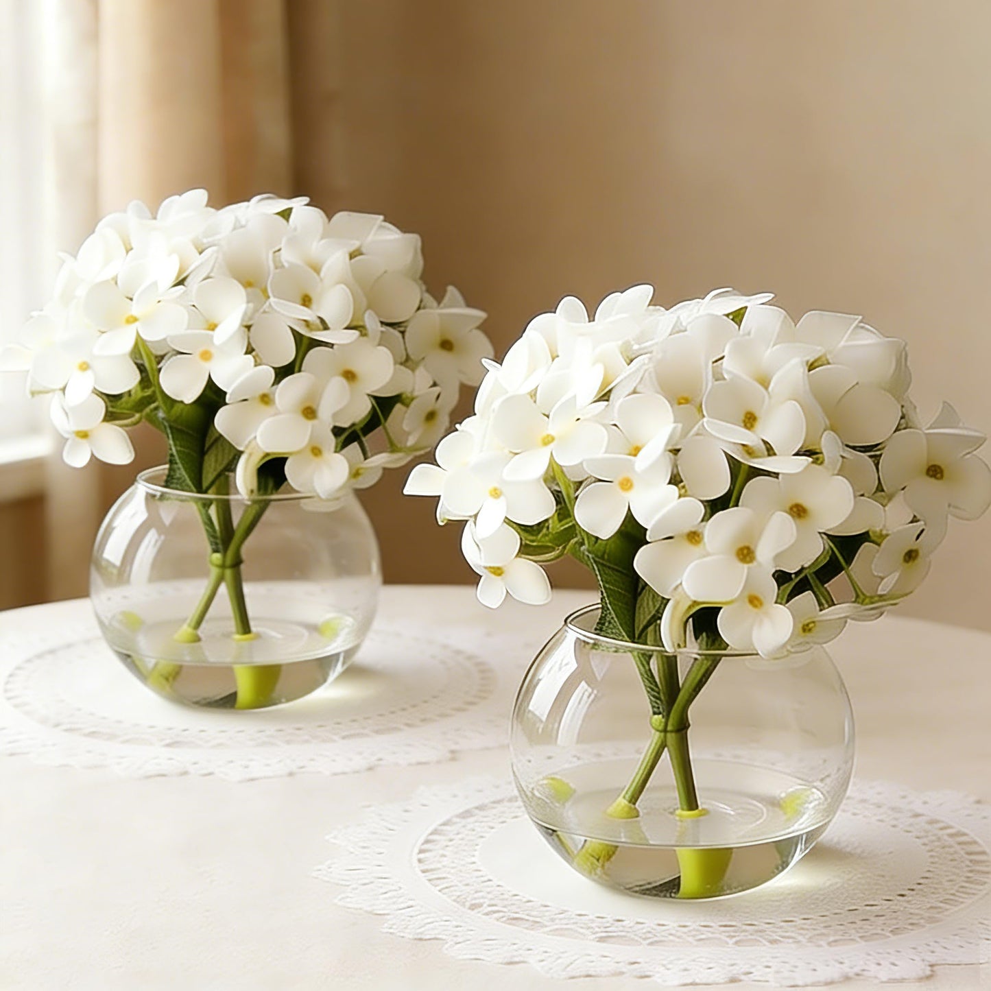 CZWBE 2 Pcs Hydrangea Artificial Flowers - Fake Flowers Real Touch Floral Arrangement with Faux Water in Glass Vase, Home, Bathroom and Office Table Centerpiece Decor（White）