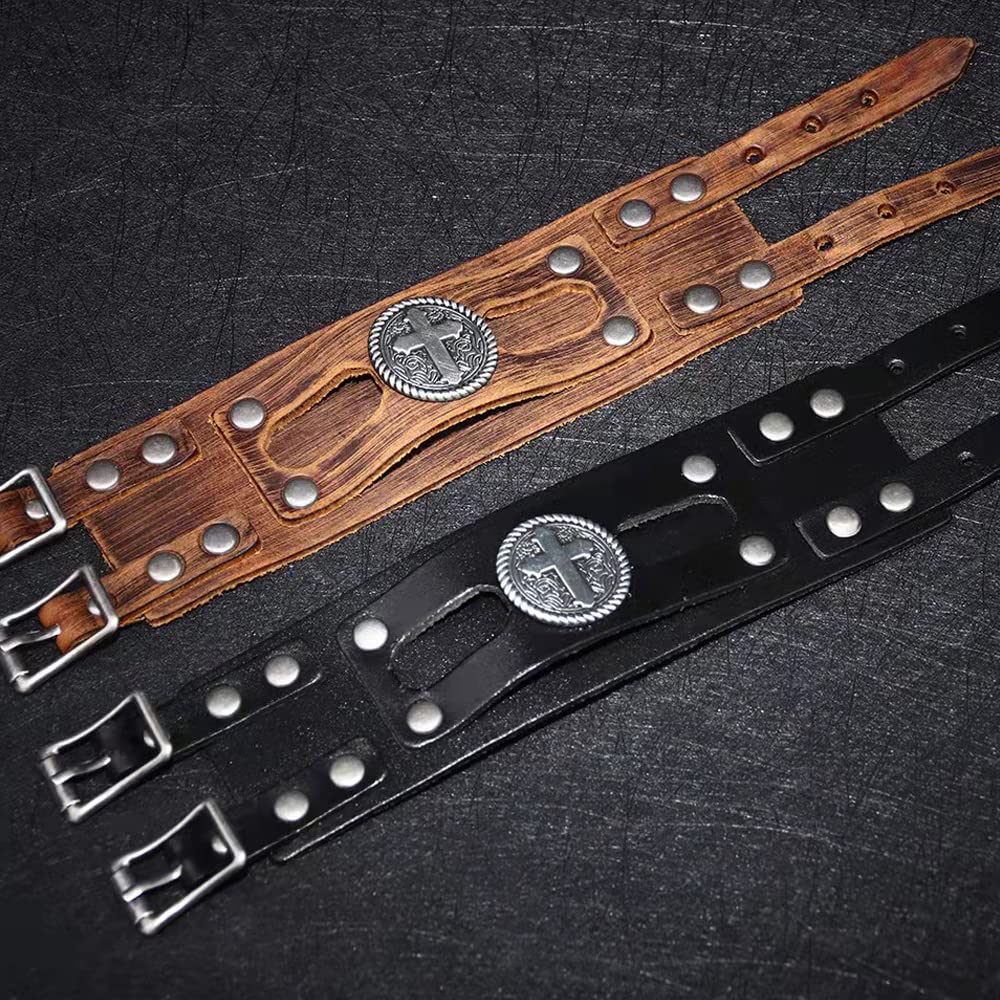 NIGHTCRUZ Wide Leather Bracelet with Cross, Medieval Leather Cuff Wristband for Mens