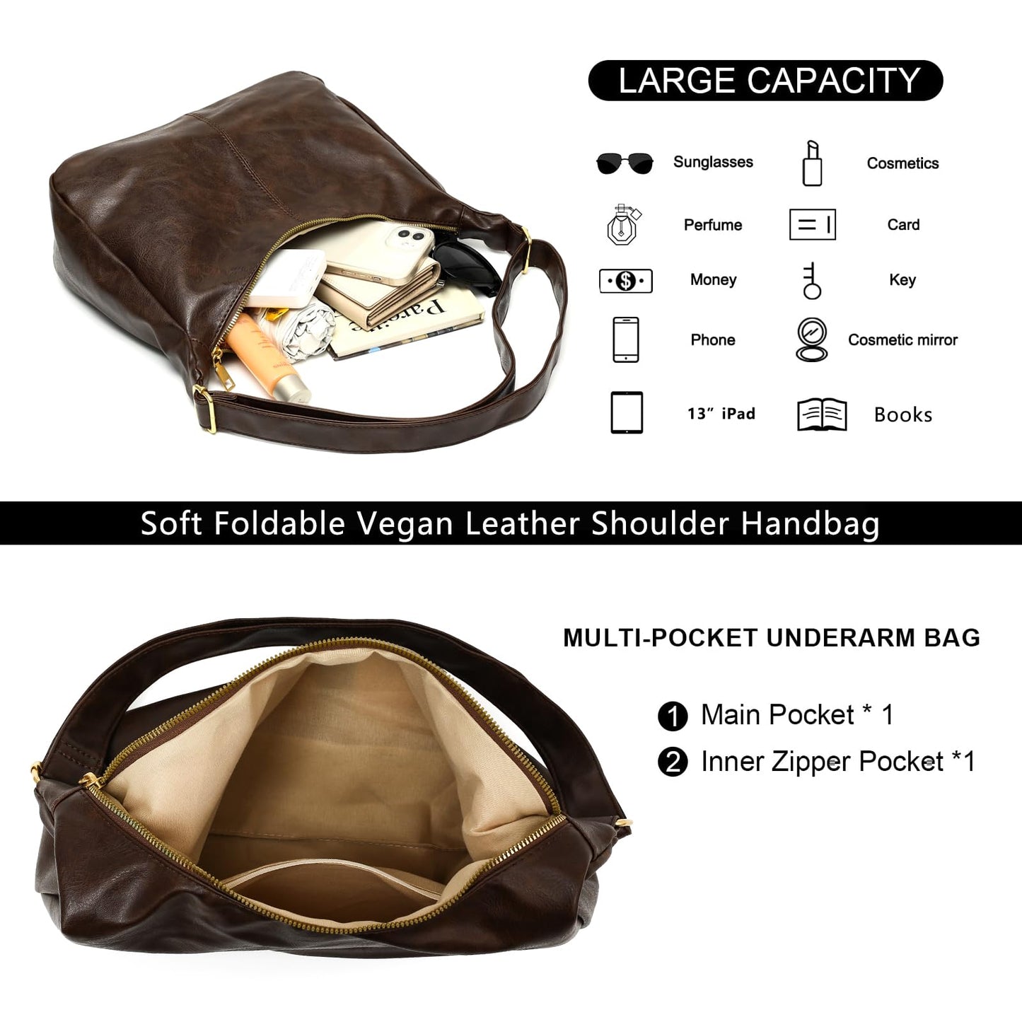 Slouchy Vegan Leather Shoulder Bag for Women,Trendy Soft Crossbody Hobo Bags,Stylish Everyday Tote Purses Handbags (Coffee)