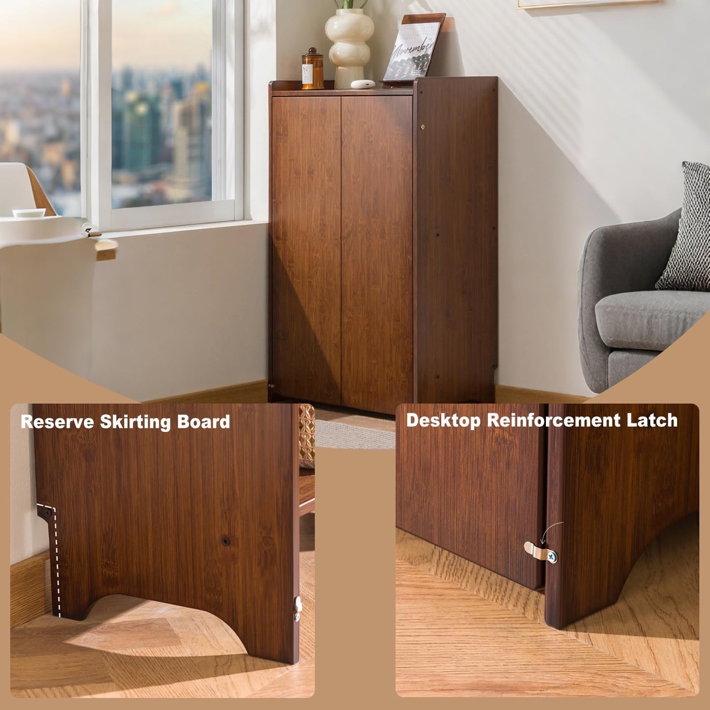 OXBZKMY Bamboo Folding Desk with Storage Shelves, Space Saving Mid Century Modern Bookcase with Drop Down Table, Hide Away Desk for Home Bedroom Study Office