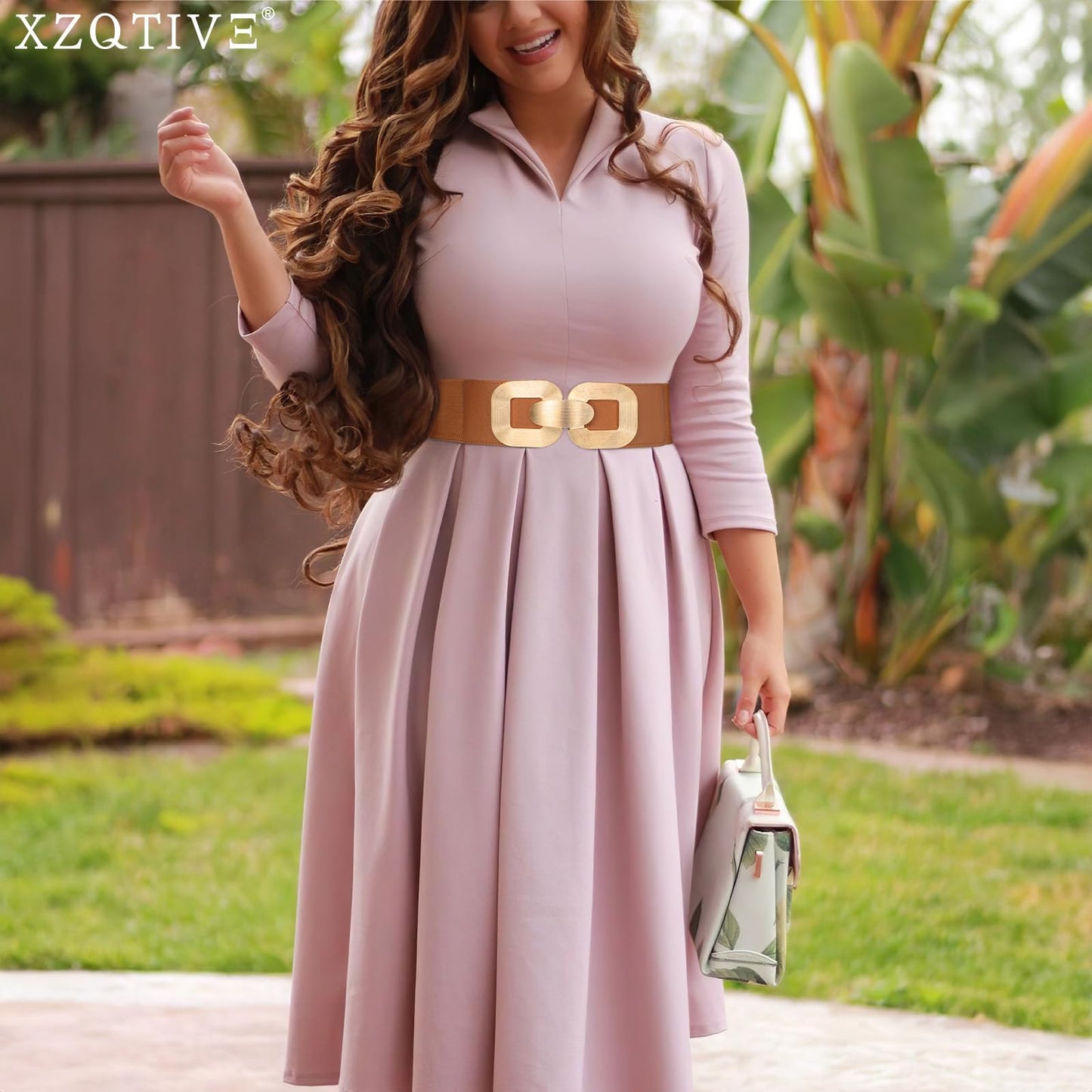 XZQTIVE Women Wide Elastic Belts for Dress Fashion Stretchy Waist Belts for Ladies with Gold Buckle