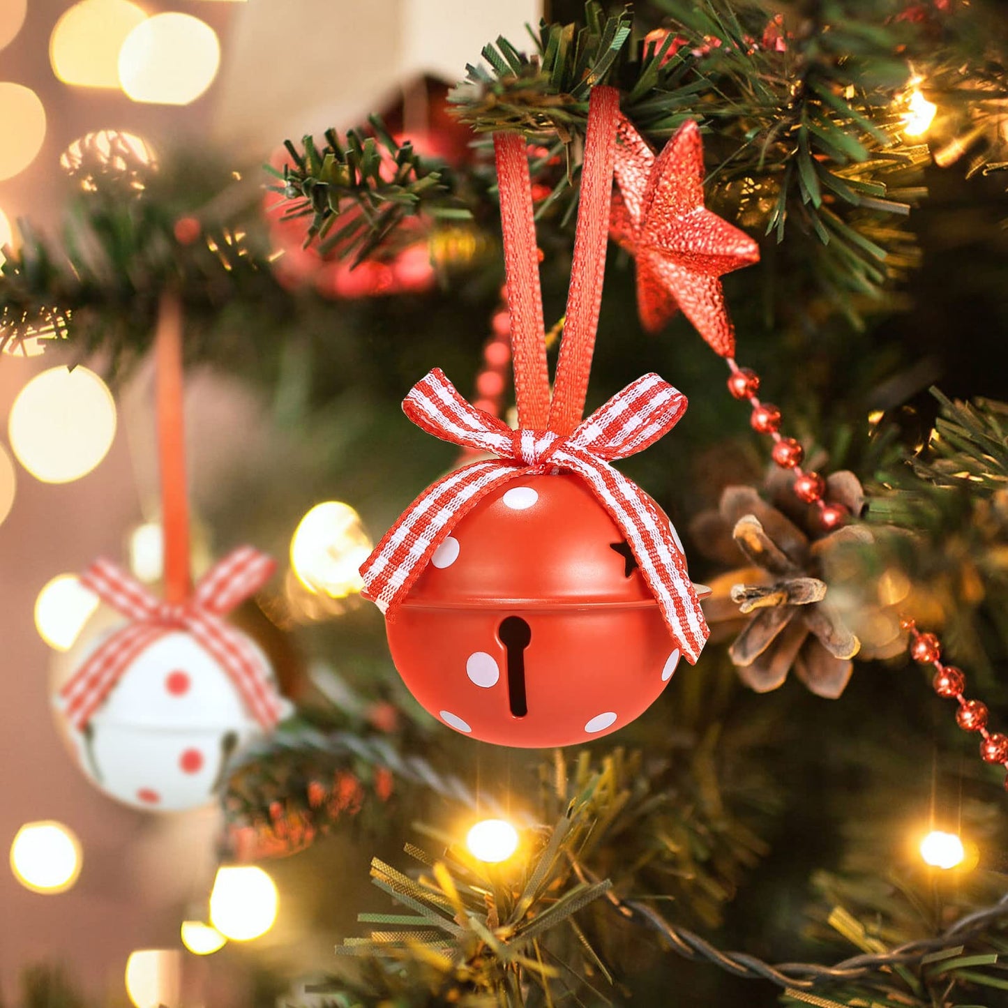 Naler 24 Pieces Christmas Jingle Bells with Ribbon Metal Cutout Craft Bells Hanging Ornaments for Christmas Tree Xmas Decoration, Red Green White, 1.57”