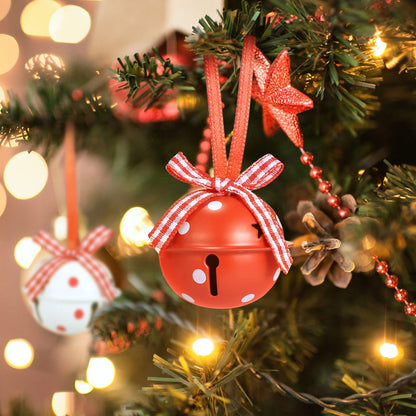 Naler 24 Pieces Christmas Jingle Bells with Ribbon Metal Cutout Craft Bells Hanging Ornaments for Christmas Tree Xmas Decoration, Red Green White, 1.57”