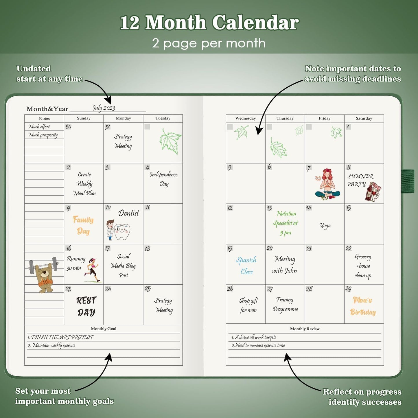 Asten Planner, Undated Daily Planner with To Do List, 365 Days Planner for ADHD, Hourly Planner Notebook for Goal Setting, Productivity Organizer with Calendar, 8.3'' x 5.8''(Green)