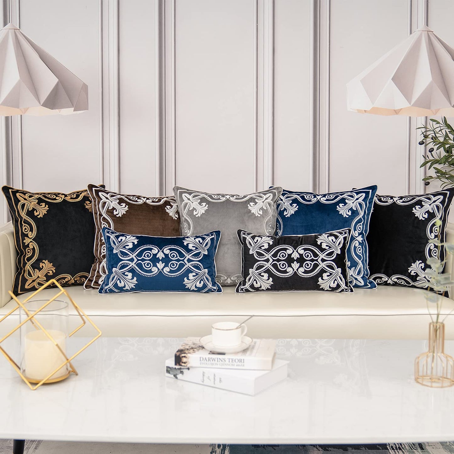 Aeckself European Floral Pillow Cover 18x18 Inch, Luxury Velvet Embroidered Decorative Throw Pillow Cover for Couch Bedroom Living Room, Grey and White