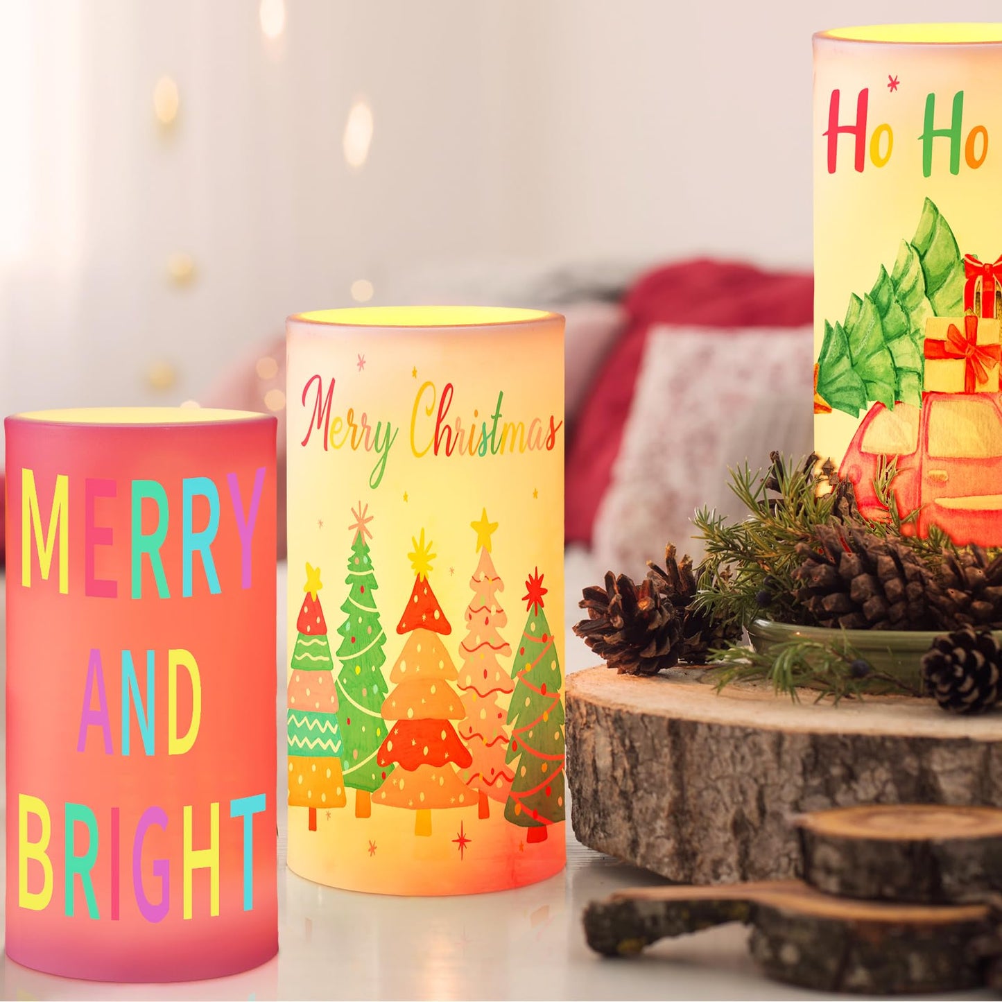 Retisee 3 Pcs Pastel Christmas Flameless Candles Pink Christmas Battery Operated LED Candles with Remote Pastel Candy Xmas Decorations Centerpiece for Holiday Bedroom Living Room Xmas Home Decor