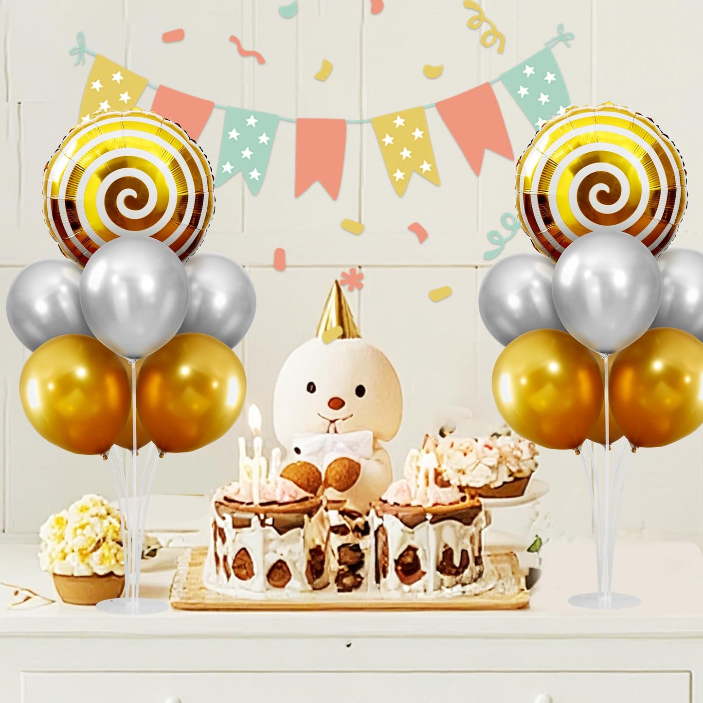 Candyland Party Decorations, Sweet Candy Balloon Stand kit 2 Sets Balloon Centerpieces for Table, Mylar Foil Round Lollipop Balloons for Candy land Birthday Party, Candies Shop, Home Decoration-Gold