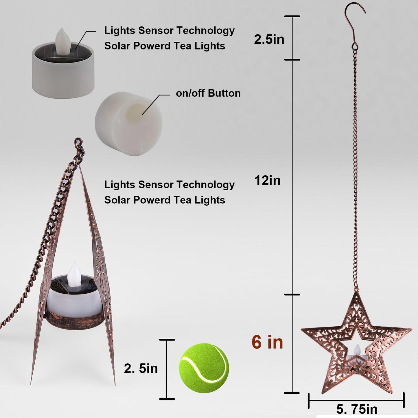 Hanging Solar Lights for Outside Trees, 4 Pack 6-Inch Hanging Star Lantern with Solar Tea Lights Outdoor Waterproof Chandelier, Patriotic Star Lights for 4th of July Decorations Porch Patio Pergolas