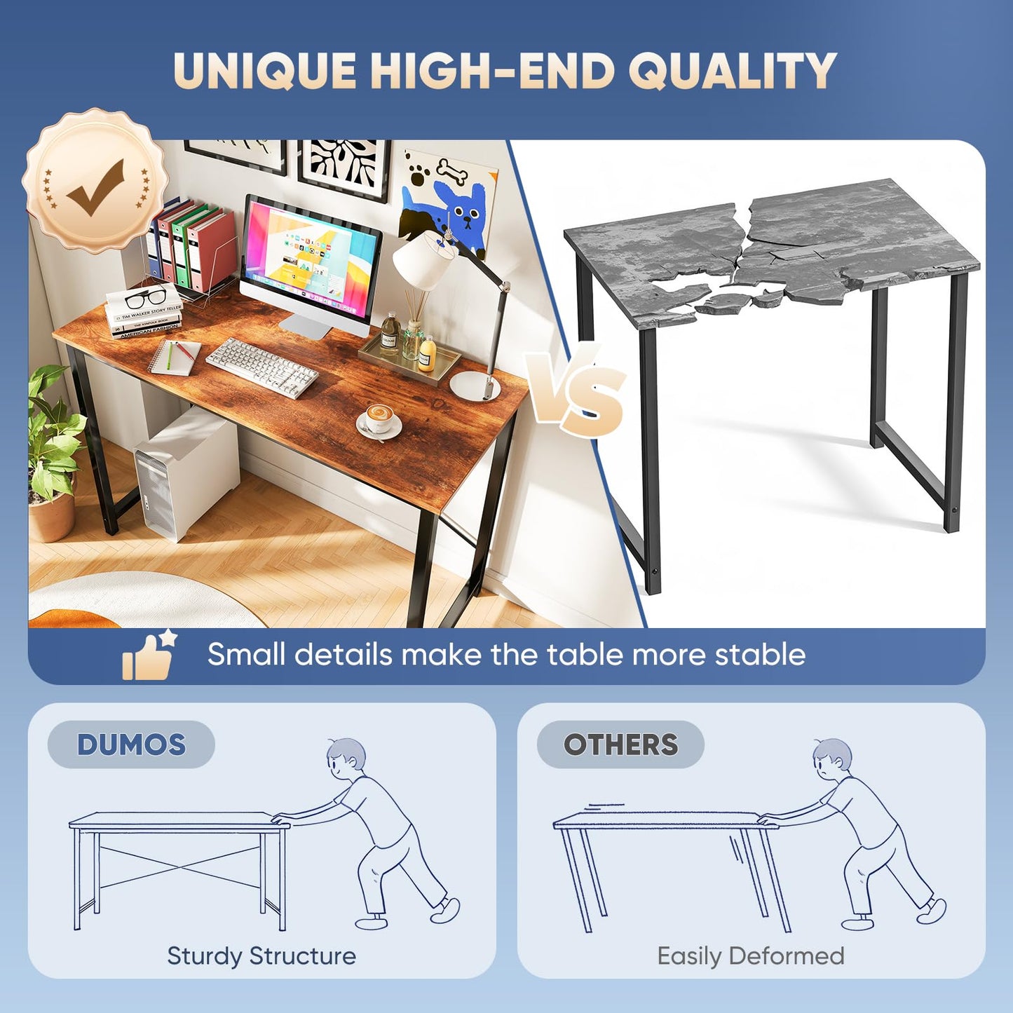 DUMOS 47 Inch Computer Desk for Home Office, Modern Writing Study Table Simple Modern Style for Bedroom Small Space, Large Work Desks with X-Shaped Reinforcement, Wood Brown