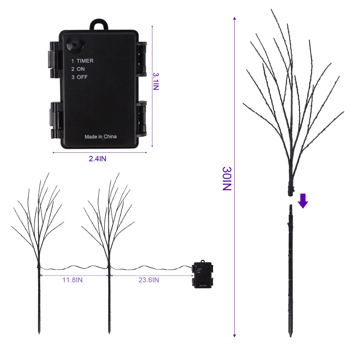 Lighted Halloween Tree Branches, 30IN 100LED Artificial Black Twig Branch with Purple Fairy Lights, Built-in Timer & Battery Operated, Waterproof for Indoor Outdoor Office Bedroom Party Decorations