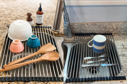 Ahyuan Roll up Dish Drying Rack Over The Sink Kitchen Roll up Sink Drying Rack Portable Dish Drainer Foldable Dish Drying Rack (Warm Gray, 17.8''X17'')