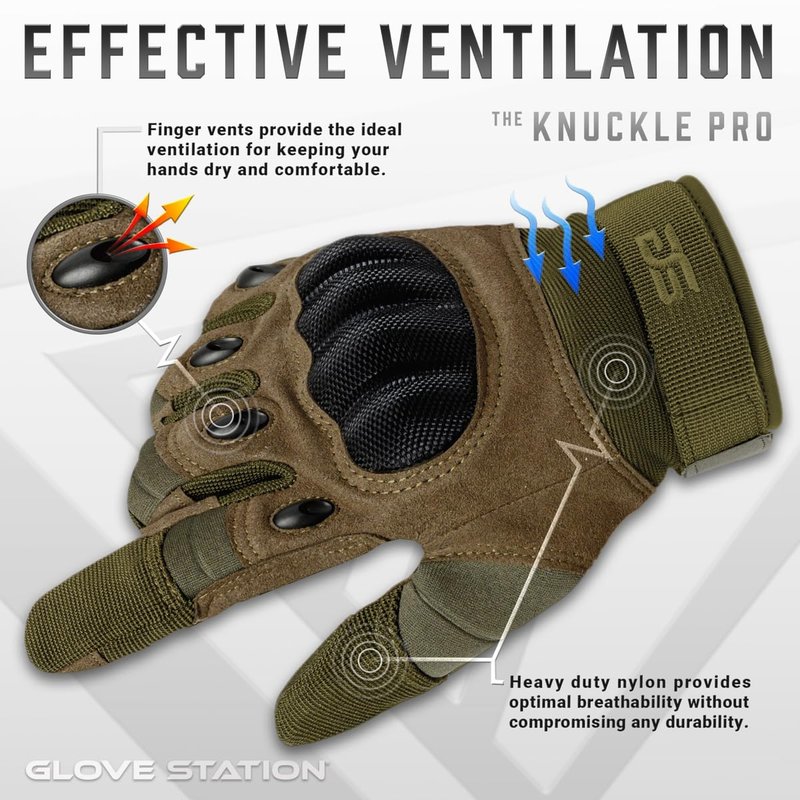 Glove Station Gloves for Men – Touchscreen Utility Gear with Hard Knuckle Protection Used in Motorcycle, Airsoft, & Outdoor Work Green - Hard Knuckle Medium