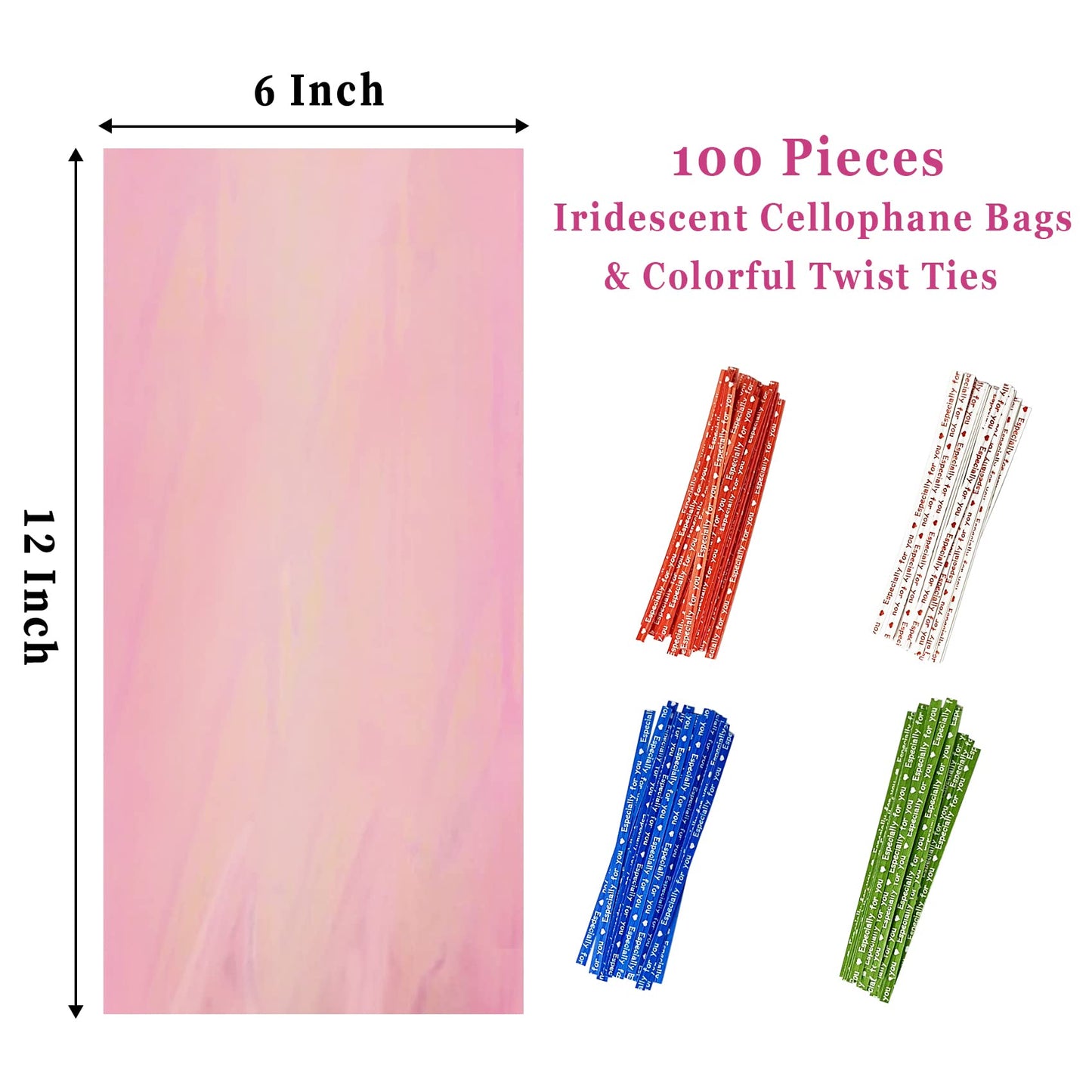 Yotelab Iridescent Holographic Cellophane Treat Bags, 6x12 Inches, Party Favors with Twist Ties, 100 Pieces