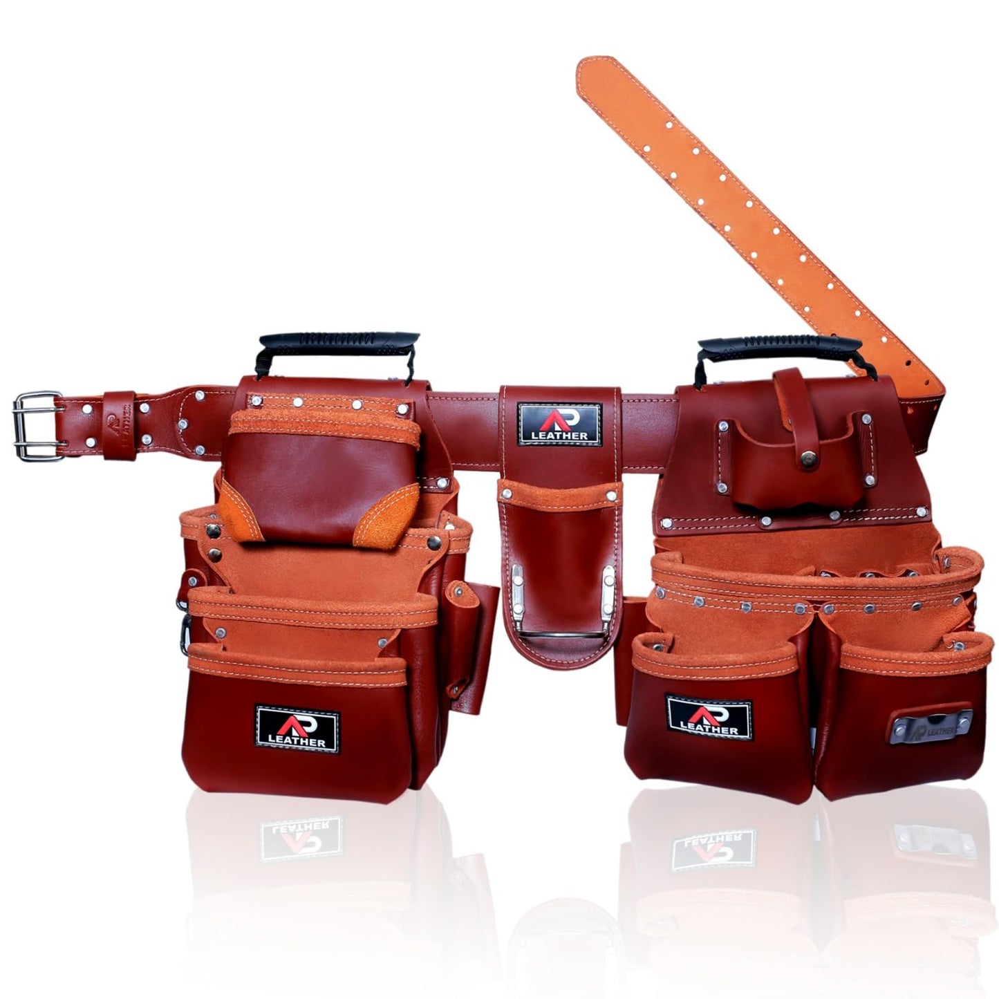 Ap-Leather Pro-302 Premium Oil Tanned Leather Tool Belt, Carpenter Tool bag | Tool Belt 29 Pockets Tool Pouch with 4 Loops, Carpenter, for 30" to 52 (Maroon Tool Belt, Extra Large)