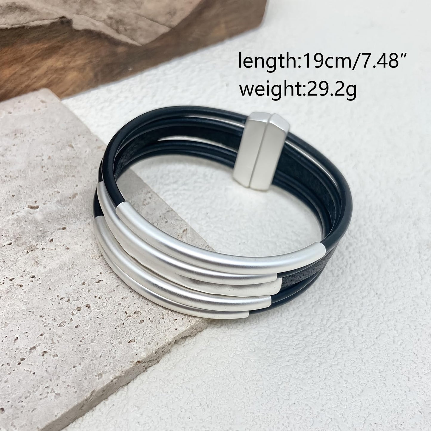 YKKZART Leather Bracelets Multilayer Black Leather wrap Bracelets Chunky Silver Tube Bangles Bracelets for Women