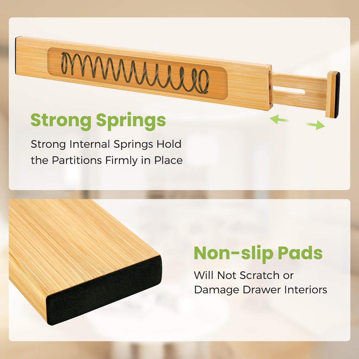 Fyvva Drawer Divider, Adjustable Bamboo Kitchen Drawer Organizer, Spring Loaded Drawer Organizer, Dresser Separators for Kitchen, Bathroom, Clothes, Office Desk Storage (Natural, 4 Pack Large)
