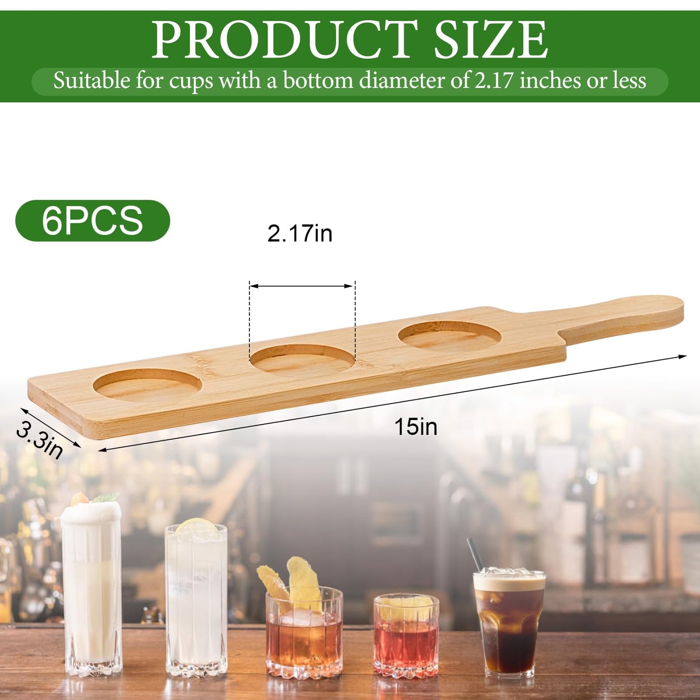 6 Pcs Flight Boards for Tasting, 2.17 Inch Dia Bamboo Beer Flight Board 3 Slots Flight Serving Paddles for Wine Whiskey Coffee Drink