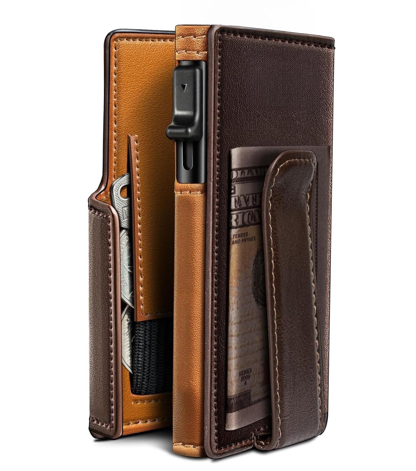 Plinvo Men's Slim Front Pocket Wallet with Integrated Money Clip & Coin Pocket, RFID Blocking & ID Window (Brown)