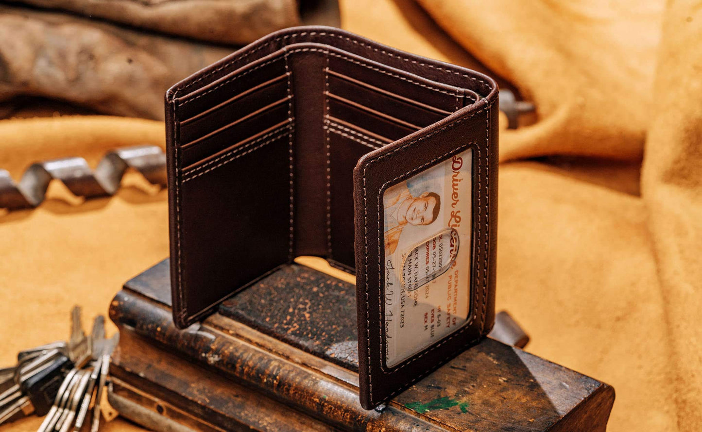 House of Jack Co. Dutton Men’s Leather Trifold Wallet, RFID Blocking Wallet with Flip-Out ID Window, Full Grain Cowhide Wallet, Extra Card Storage, Brown