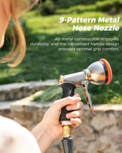 WACOTOYA Retractable Garden Hose Reel 5/8 in x 75 ft Professional Metal Bracket & 9-Pattern Metal Nozzle UV Resistant Brass Fitting Heavy Duty Wall Mount Any Length Lock Slow Retraction 180° Swivel