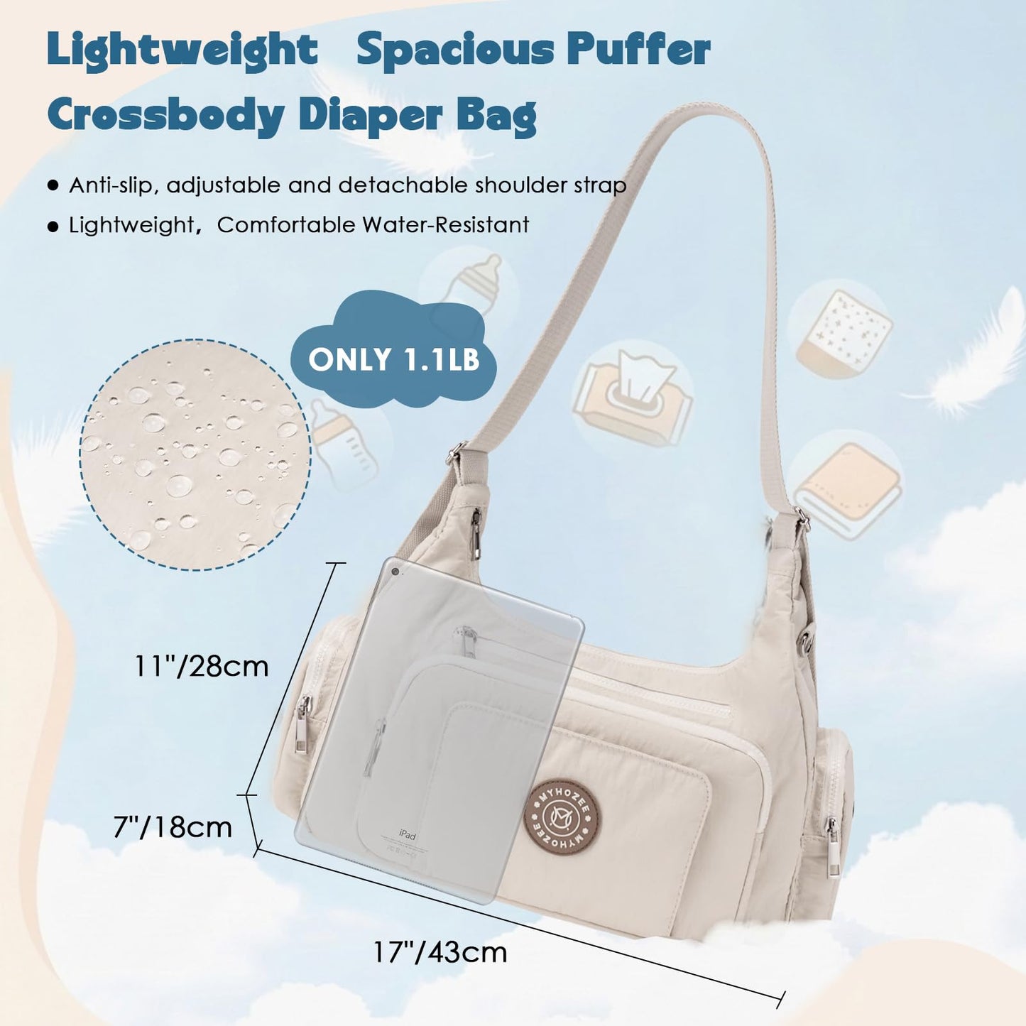 MYHOZEE Puffer Crossbody Diaper Bag for Mom - Lightweight Nylon Mom Bag Purse with Wipes & Trash Bag Dispenser - Compact Stroller Organizer Bag with Insulated Pocket, Water-Resistant, Apricot