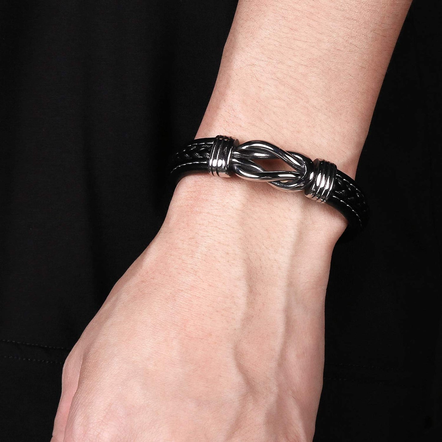 LJWVX Mens Leather Bracelet,Braided Leather Wristband Cuff Bracelets Stainless Steel Clasp,Jewellery Gift for Men Black 8.0inch
