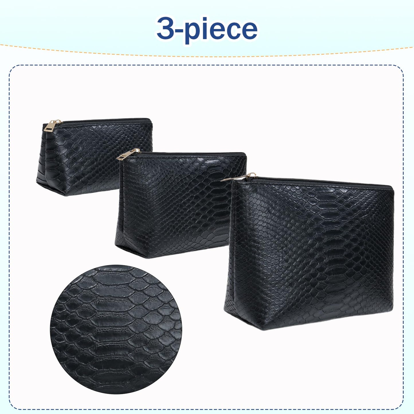 lllyan 3 Pcs Makeup Bag Set for Women Black Soft Leather Travel Cosmetic Bag Make Up Pouch Small Travel Zipper Pouch,Water-resistant Makeup Organizer Bag for Women（Black）