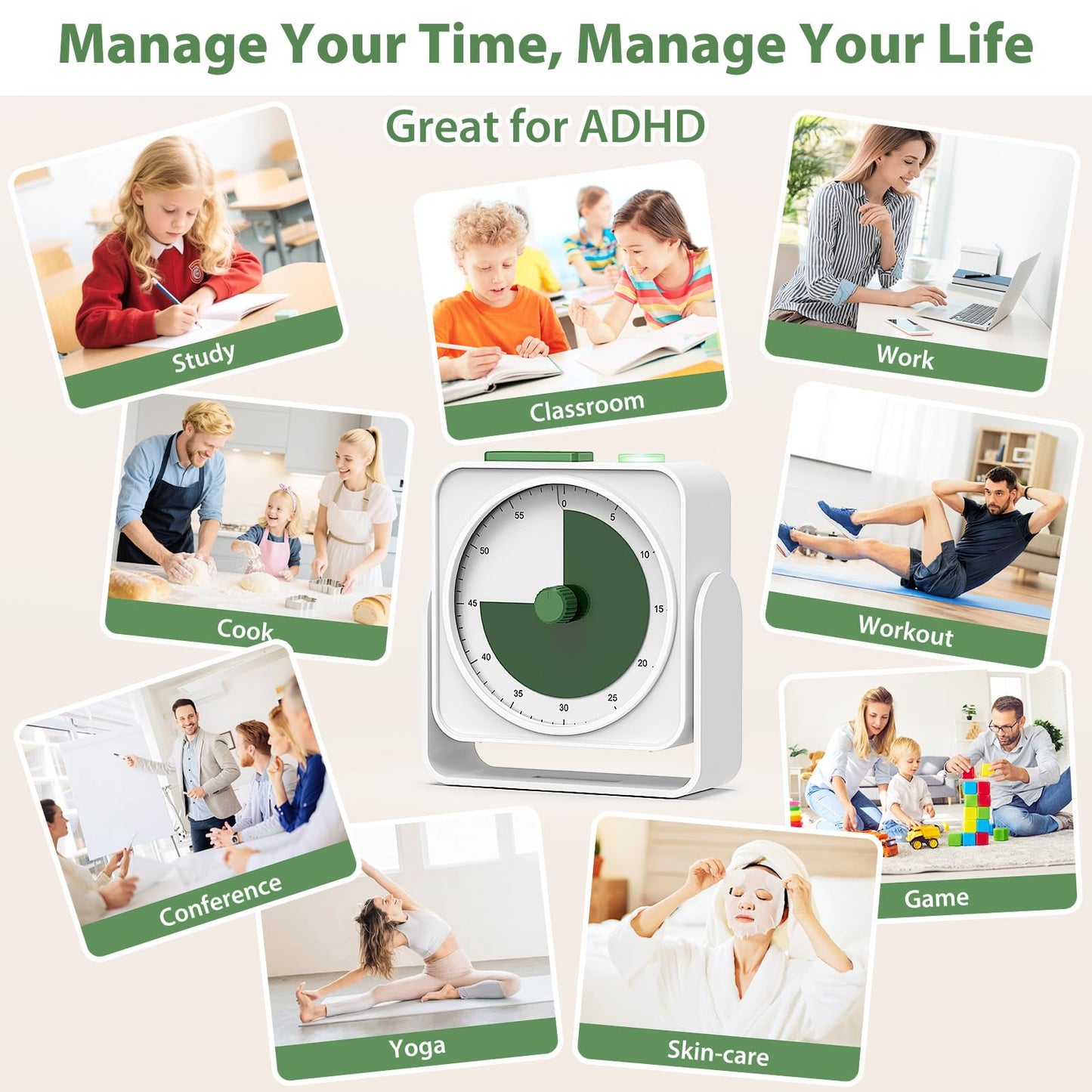 Rechargeable Visual Timer 60-Minute for Classroom Countdown Stopwatch Timer, w/Adjustable Stand for Homeschool Supplies Study Time Management Tool, for Desk Office Work Meetings, Mute Function, White