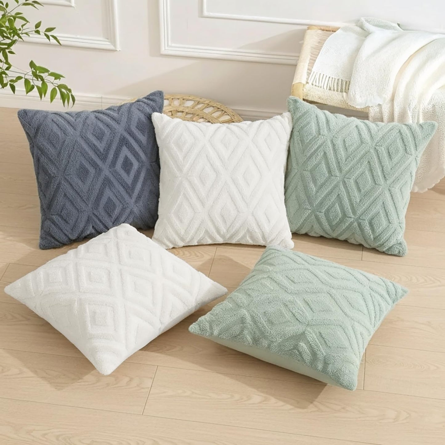 Pallene Christmas Cream White Throw Pillow Covers 26x26 Set of 2, Soft Plush Faux Fur Decorative Couch Pillow Covers for Sofa Bed Living Room Pillow Cases with 3D Diamond Pattern