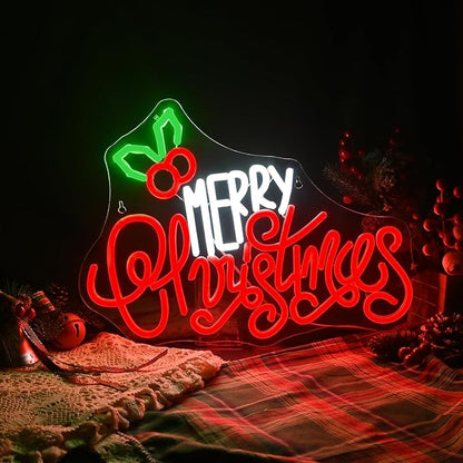 Merry Christmas Neon Sign, LED Sign XMAS Holly Berries for Christmas Decor, Holiday Wall Decoration, USB Powered, Adjustable Brightness