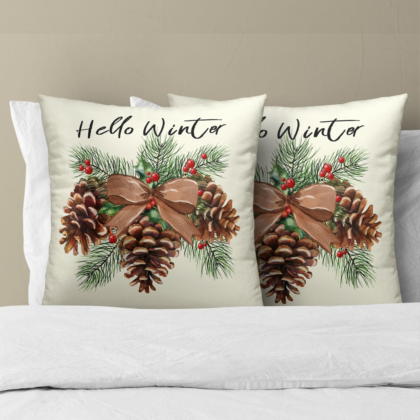 Winter Pinecone Pillowcase Set of 2 Pine Cone and Leaf Decor Throw Pillows Square 18x18 Inch Xmas Merry Christmas Holiday Winter Pillow Cushion Covers for Home Living Room Bed Sofa Outdoor Couch