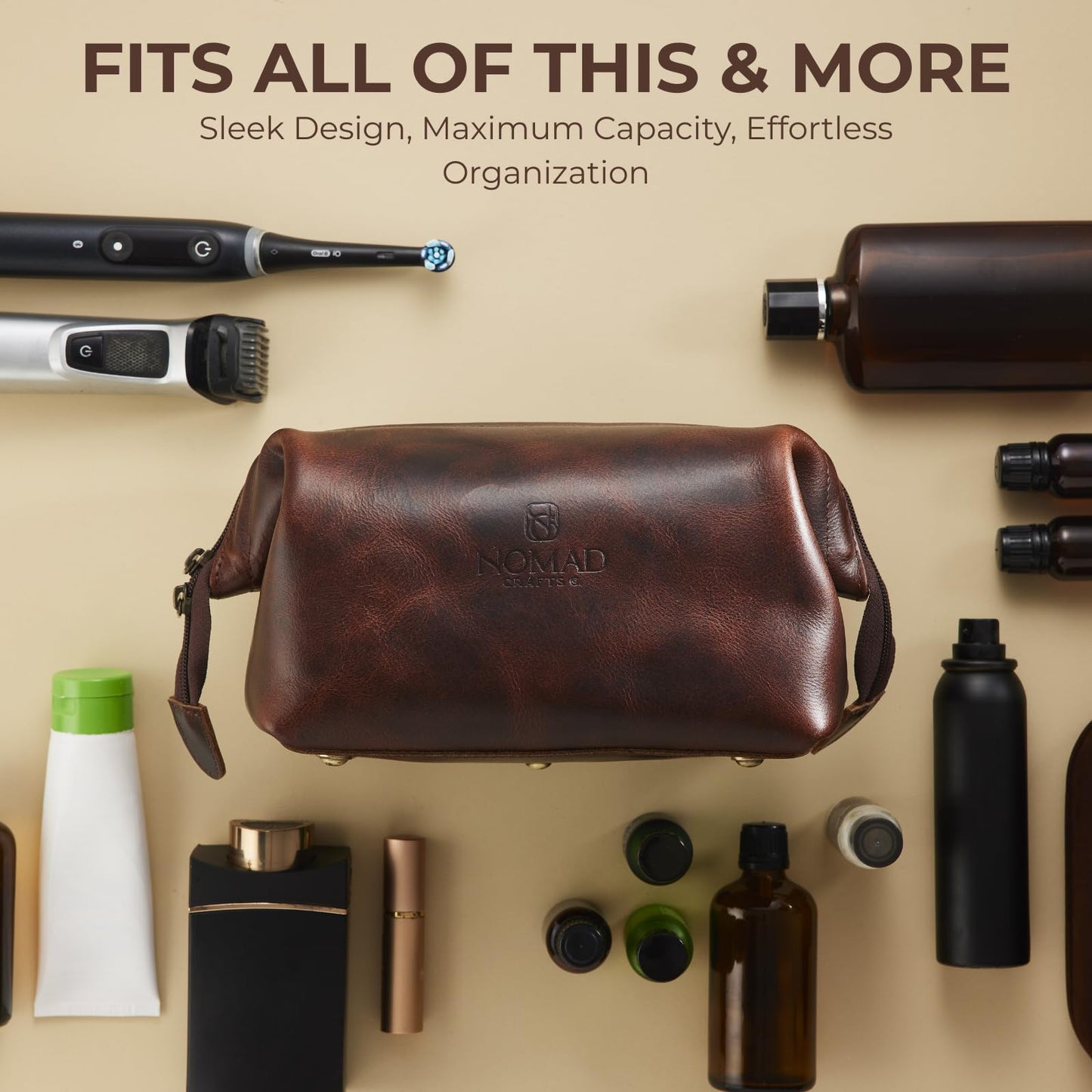 NomadCraftsCo. Premium Leather Travel Toiletry Bag for Men and Women, King-Size Dopp Kit with Waterproof Lining, Mens Toiletry Travel Bag