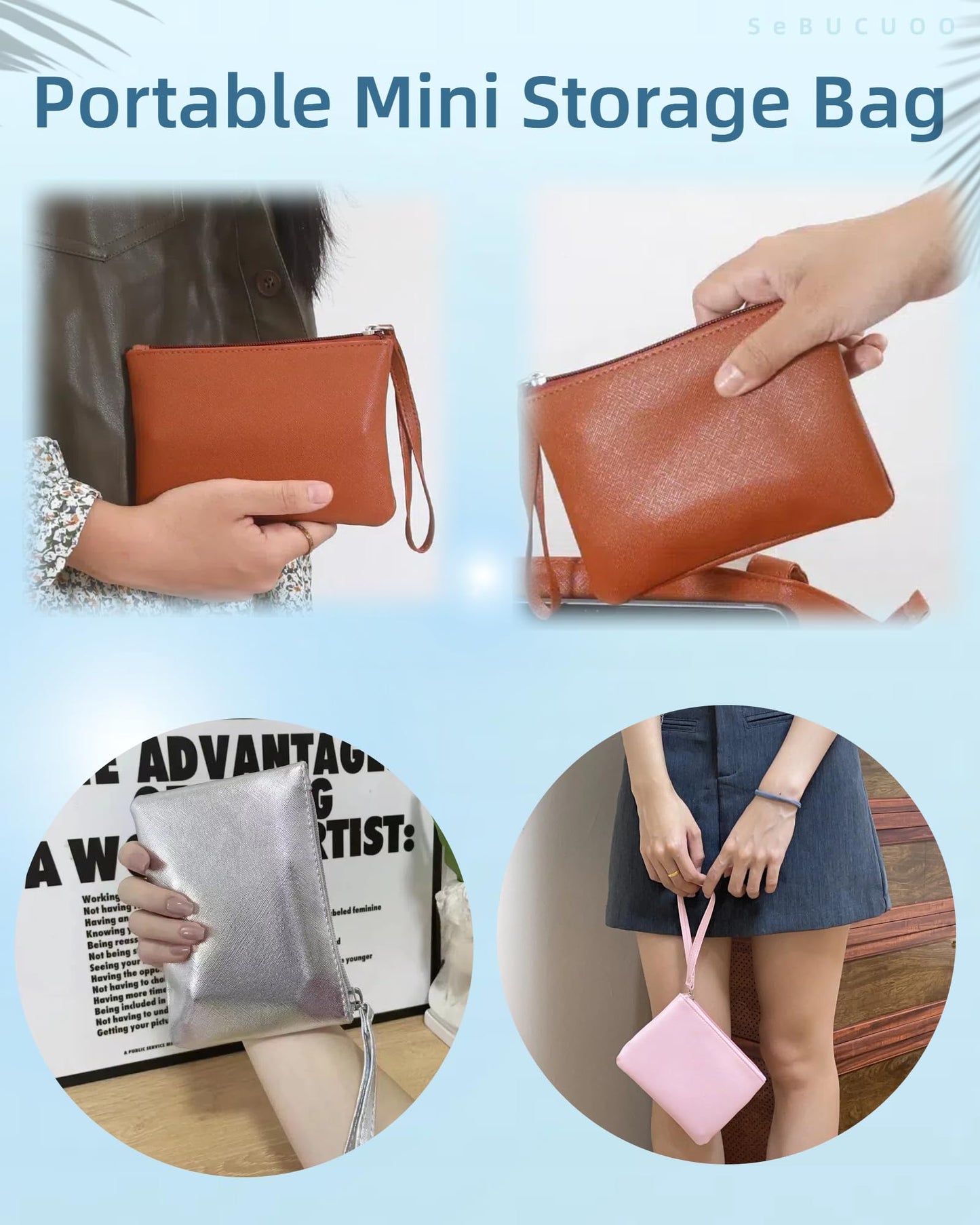 4.5 x 6.5 Clutch Stadium Approved, Leather Coin Purse for Women Wristlet Money Pouches for Cash Car Change with Zipper Lipstick Holder, Extra Small Makeup Bag for Purse Organizer Insert, Brown