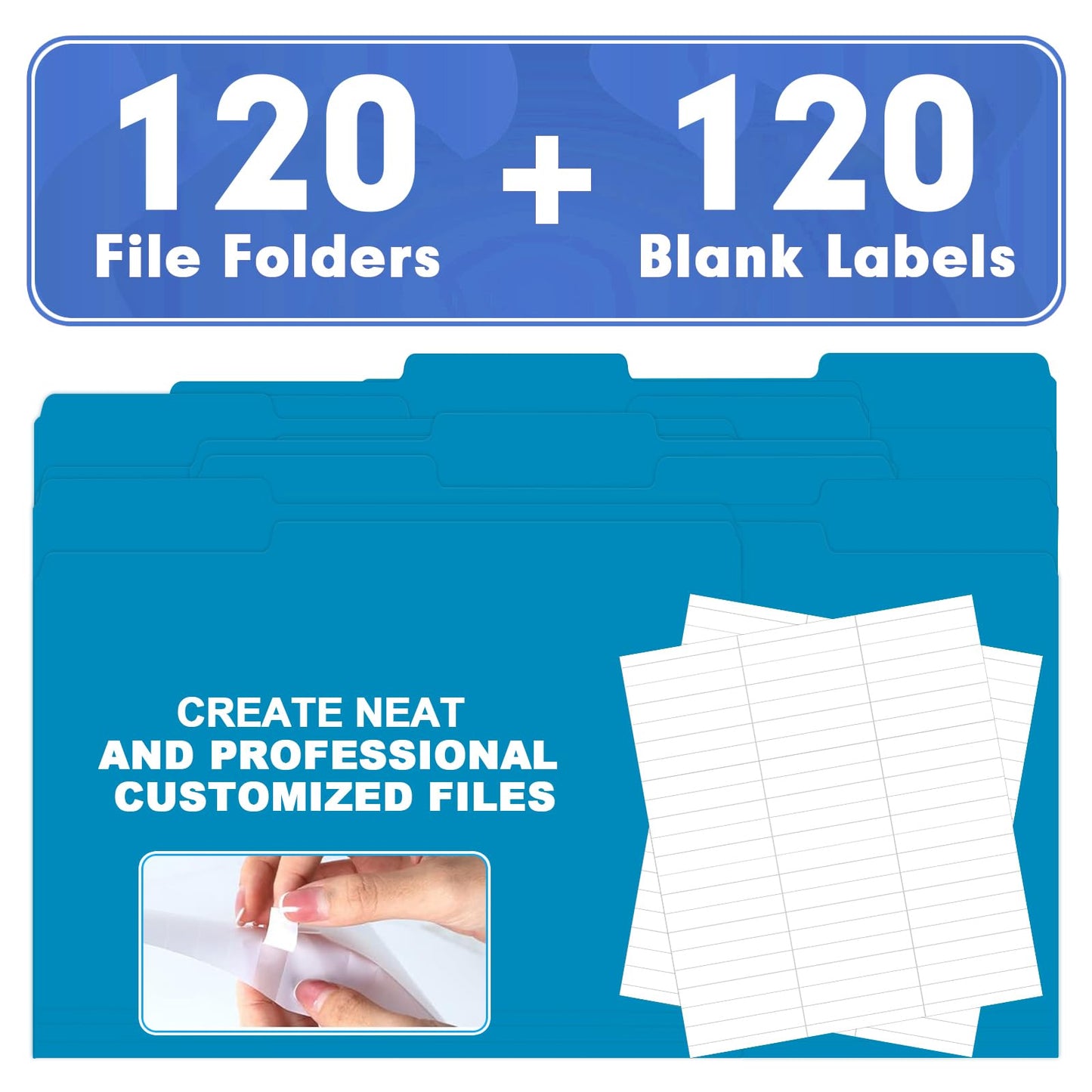 File Folder, HERKKA 120 Pack 1/3 Cut Tab File Folders, File Folders Great for Organizing and Filing, Letter Size, Blue