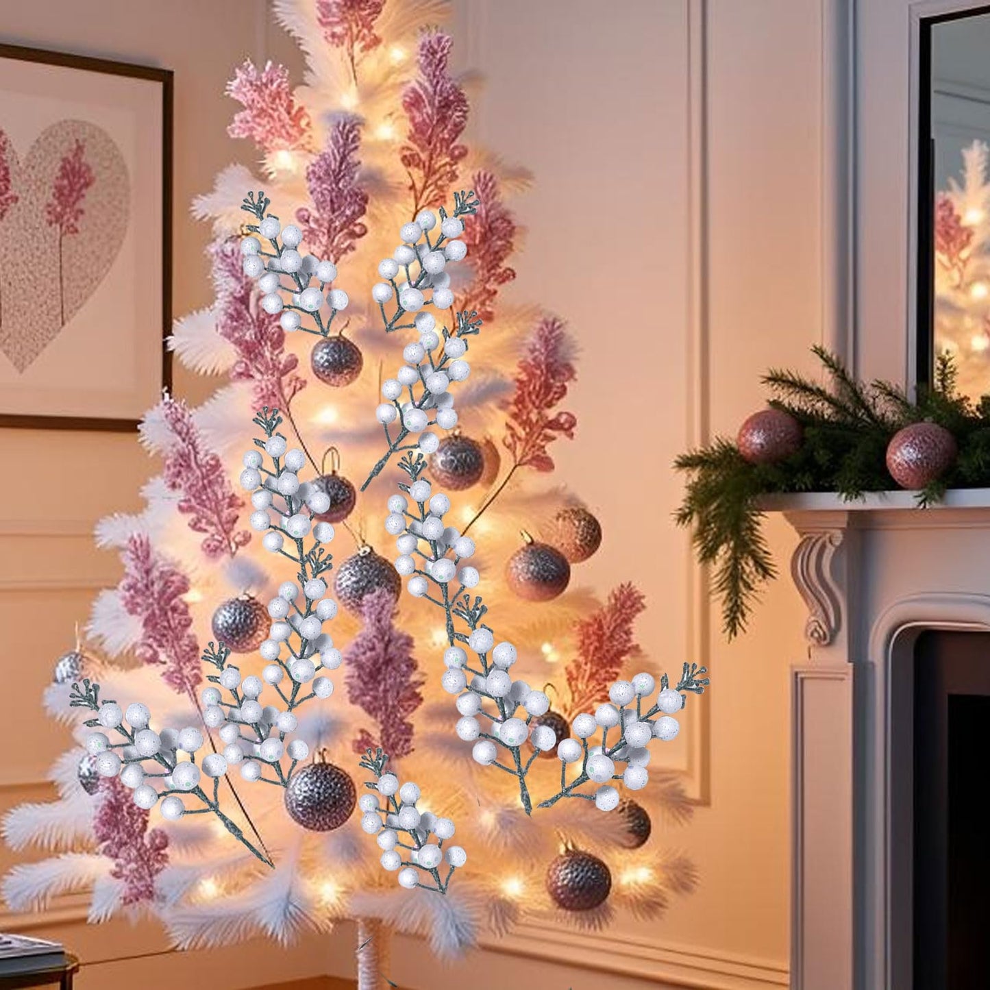 Uabwim 24Pack Christmas Picks Glitter Berries Stems Artificial White Berry Branches Holly Picks Stems Christmas Tree Ornaments for DIY Xmas Wreath Crafts Gifts Holiday Home Decor (White)