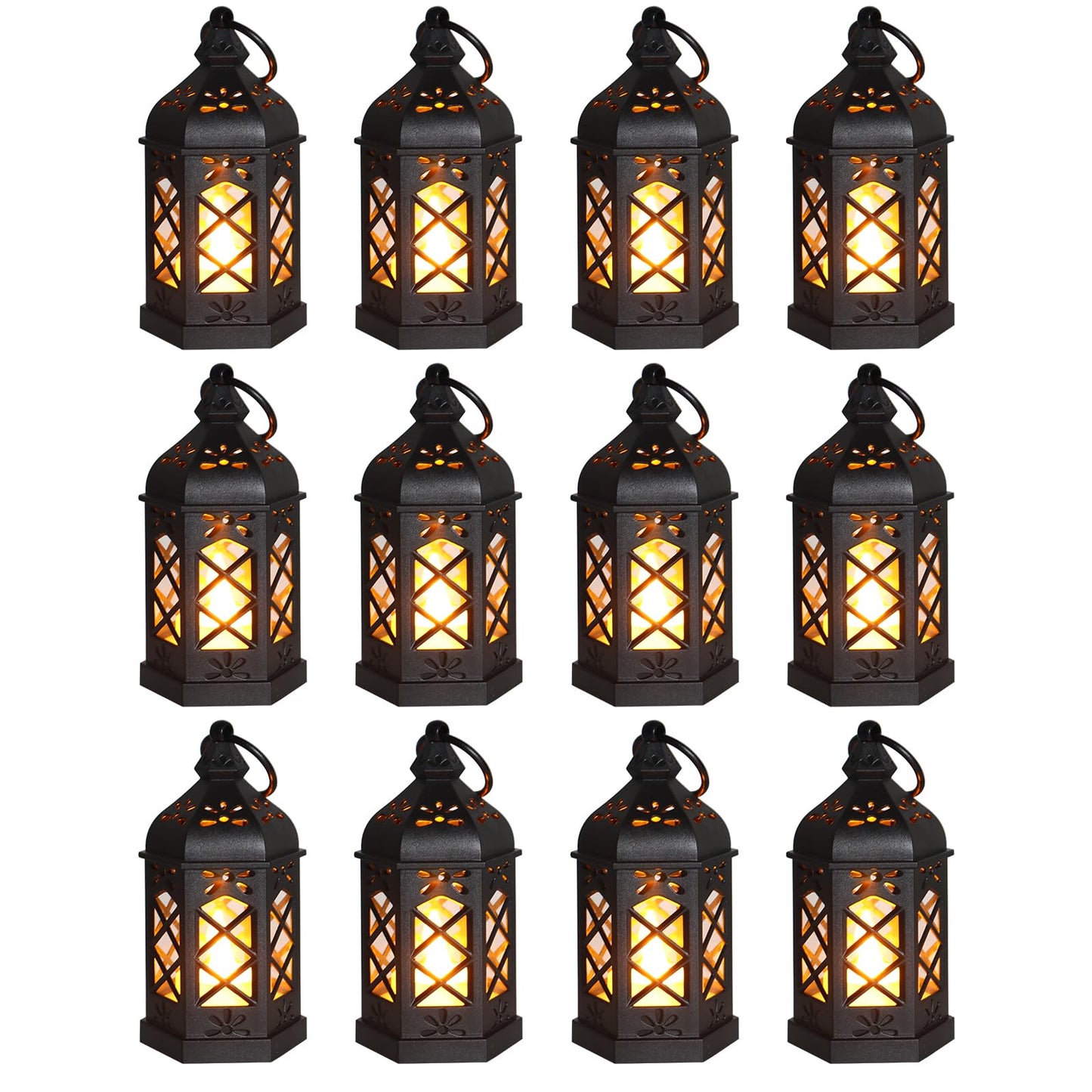 Reperla 12-Pack Mini Lanterns, Small Candle Lanterns Decorative, Black Tea Light Lantern, Ramadan Eid Decor, Table Centerpiece for Wedding Halloween Christmas, Easter Decorations, Battery Included