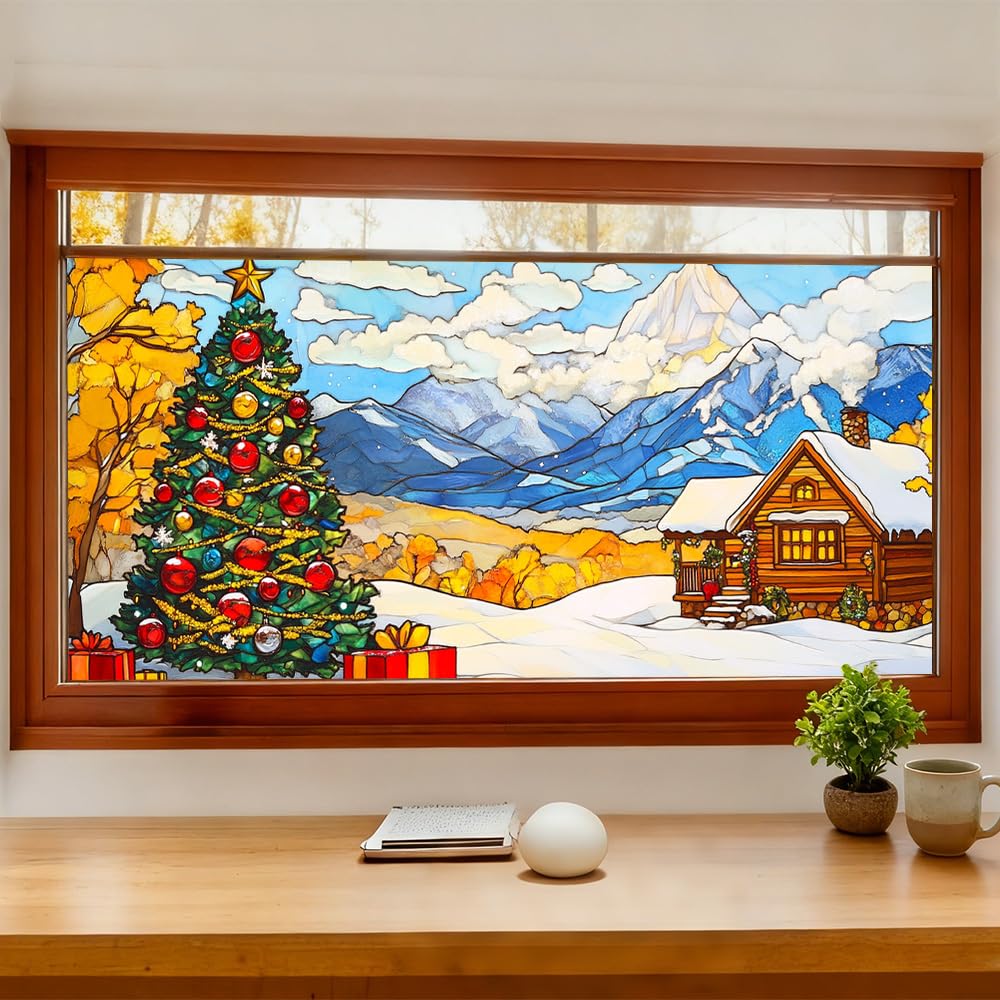 WDESYADMS Window Film 39.4×17.3 Inch PVC Winter Mountain Cabin Christmas Tree Scene Decorative Window Film for Seasonal Privacy and Holiday Home Glass Decoration