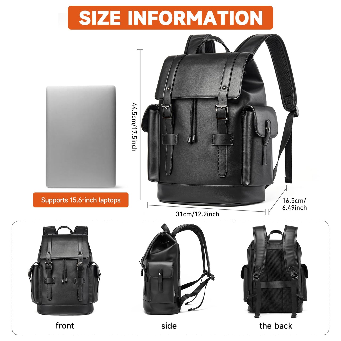MATE ELAN Leather Backpack Waterproof Fit 15.6 Inch Laptop Vintage Drawstring Design Large Capacity Travel Sports Outdoor Casual Black Men Women College Backpack